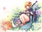  blonde_hair blue_eyes bug butterfly cape daisy fingerless_gloves flower gloves high_wizard insect ragnarok_online rose sitting solo staff yakka 