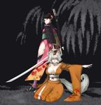  animal_ears armor black_hair breasts brown_eyes cleavage flower fox_ears fox_tail hair_flower hair_ornament holding holding_sword holding_weapon japanese_clothes katana kimono kongiku large_breasts leaf leaf_on_head left-handed momohime muchakushoku multiple_girls oboro_muramasa orange_eyes scabbard sheath silver_hair sword tail unsheathed weapon 