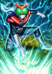 belt gloves green_eyes helmet kamen_rider kamen_rider_stronger kamen_rider_stronger_(series) lightning male_focus scarf solo yusao 