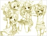  armpits bad_id bad_pixiv_id breasts child hair_ornament hair_ribbon hairclip hatsune_miku kagamine_rin microphone mitsubachi_koucha monochrome multiple_girls ribbon sailor_collar short_hair sideboob sketch skirt small_breasts thighhighs vocaloid waving yellow 