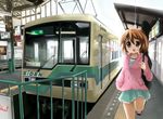  brown_eyes brown_hair ground_vehicle guitar_case highres hirasawa_yui hood hoodie instrument_case k-on! karaage3 kyoto open_mouth pantograph real_world_location running solo tactile_paving train train_station 