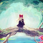  black_robe blonde_hair bow branch facing_away flower forest from_behind hair_bow hair_ribbon hibiscus in_tree long_hair nature original red_bow red_ribbon ribbon robe sitting sitting_in_tree solo tokiame tree water 