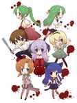  6+girls animal_ears bangs baseball_bat blonde_hair blood blue_eyes blue_hair blunt_bangs bow brown_hair cat_ears chibi detached_sleeves fang furude_rika green_eyes green_hair hairband hakama half_updo hanyuu hatchet higurashi_no_naku_koro_ni horns houjou_satoko japanese_clothes kneehighs long_hair maebara_keiichi miko multiple_girls nose_hatchet one_eye_closed orange_hair pantyhose ponytail purple_eyes purple_hair red_hakama rikaon ryuuguu_rena school_uniform serafuku short_hair siblings sisters skirt smile socks sonozaki_mion sonozaki_shion stun_gun suspenders twins 