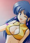  80s blue_eyes blue_hair breasts cleavage cleavage_cutout dirty_pair earrings female gradient gradient_background highres jewelry long_hair navel oldschool open_mouth solo wink yellow_dresses yuri_(dirty_pair) 