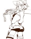  7th_dragon 7th_dragon_(series) animal_ears arched_back bike_shorts brown fighter_(7th_dragon) gauntlets gloves grin hand_on_hip harukara_(7th_dragon) highres looking_back monochrome ryoutya smile solo sword weapon 