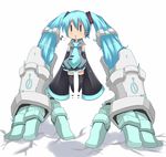 aqua_hair armor armored_twintails chibi detached_sleeves gauntlets hatsune_miku headphones long_hair mechanical_parts musical_note necktie o3o prehensile_hair s-pot solo thighhighs twintails very_long_hair vocaloid whistling zettai_ryouiki 