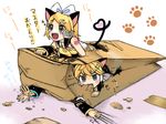  2girls angry animal_ears aqua_eyes bad_id bad_pixiv_id bag blonde_hair blue_nails cat_ears fang hair_ornament hair_ribbon hairclip hatsune_miku headphones kagamine_len kagamine_rin multiple_girls nail_polish ribbon sailor_collar short_hair siblings sopra tail twins vocaloid 