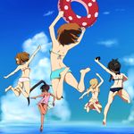  akiyama_mio ball barefoot beachball bikini cloud day from_behind hirasawa_yui innertube jumping k-on! kotobuki_tsumugi koyama_(gantz0409jp) legs midair multiple_girls nakano_azusa sky swimsuit tainaka_ritsu tan 