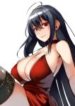  ahoge azur_lane bangs bare_shoulders black_hair black_legwear blush breasts choker cleavage cocktail_dress collarbone commentary_request dress hair_between_eyes hair_ornament highres huge_breasts lolicept long_hair looking_at_viewer red_choker red_dress red_eyes simple_background smile solo taihou_(azur_lane) thighhighs thighs very_long_hair white_background 