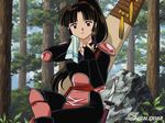  1024x768 brown_eyes brown_hair female forest inuyasha nature rock sango sweat sword tree trees wallpaper weapon 