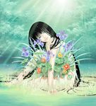  barefoot black_hair flower fukuoka_asahi green_eyes highres lips long_hair nature nude original solo 