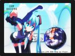  1up ahoge aqua_eyes aqua_hair bad_id bad_pixiv_id detached_sleeves earth hatsune_miku hello_planet_(vocaloid) kasuga_ayumu_(haruhipo) long_hair necktie perspective rainbow skirt smile solo thighhighs twintails very_long_hair vocaloid water watering_can zettai_ryouiki 