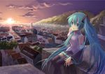  aqua_hair bad_id bad_pixiv_id blue_eyes cityscape cloud cloudy_sky detached_sleeves hatsune_miku headphones hill long_hair looking_at_viewer necktie open_mouth scenery shiramori_yuse sitting sky sleeveless smile solo sunset thighhighs twintails very_long_hair vocaloid wide_sleeves zettai_ryouiki 