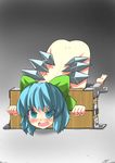  bdsm blue_eyes blue_hair blush bondage bound bow cirno gaoo_(frpjx283) hair_bow highres looking_at_viewer nude open_mouth pillory short_hair solo tears top-down_bottom-up touhou wings 