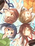  :d akagi_(kantai_collection) black_eyes black_hair brown_eyes brown_hair circle_formation closed_eyes commentary_request hair_ornament hair_ribbon hiryuu_(kantai_collection) holding_hands interlocked_fingers japanese_clothes kaga_(kantai_collection) kantai_collection long_hair lying multiple_girls muneate open_mouth ribbon side_ponytail signature sketch smile souryuu_(kantai_collection) toosaka_asagi twintails 