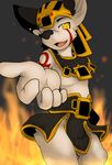  2014 anthro armor aztec bulge canine clothing diasuke77 fire gold looking_at_viewer male mammal mayan open_mouth pinup pose smile 