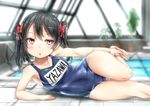 bad_id bad_pixiv_id bare_legs barefoot black_hair blurry blurry_background character_name chestnut_mouth light_rays looking_at_viewer love_live! love_live!_school_idol_project lying name_tag old_school_swimsuit on_side one-piece_swimsuit plant poolside potted_plant red_eyes rei_no_pool romaji roro_(qualitynine) school_swimsuit shiny shiny_clothes stretch sunbeam sunlight swimsuit twintails wet yazawa_nico 