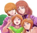  audrey_burne brown_hair commentary_request elpeo_puru gacha-m green_eyes gundam gundam_unicorn gundam_zz hand_on_another's_head hand_on_shoulder haro jewelry jpeg_artifacts lavender_eyes marida_cruz mineva_lao_zabi multiple_girls necklace one_eye_closed open_mouth orange_hair puru_two short_hair smile sweatdrop v 