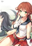  agano_(kantai_collection) black_hair braid breasts brown_hair closed_eyes commentary_request finger_to_mouth gloves green_eyes kantai_collection large_breasts long_hair looking_at_viewer lying miniskirt multiple_girls navel noshiro_(kantai_collection) pleated_skirt school_uniform serafuku signature simple_background sitting sketch skirt sleeping toosaka_asagi twin_braids white_background white_gloves 
