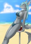  2014 anthro beach big_breasts bikini blue_hairs breasts clothed clothing dickgirl fish gay intersex looking_at_viewer mactravian male marine outside sand sea seaside shark sirka smile solo swimsuit water 