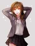  1girl :d brown_hair gekkan_shoujo_nozaki-kun highres open_mouth ponytail ribbon school_uniform seo_yuzuki skirt smile solo 