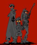  2boys anti-materiel_rifle boota cape crossed_arms goggles gun kamina kamina_shades kaya-ko long_hair multiple_boys ponytail red_background rifle simon sniper_rifle sunglasses tengen_toppa_gurren_lagann thighhighs weapon yoko_littner 