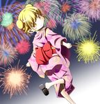  animal_print bakemonogatari bat_print blonde_hair blush_stickers clog_sandals crescent double_bun fang fireworks from_behind highres japanese_clothes kimono leg_up looking_back monogatari_(series) obi osaji0909 oshino_shinobu pointy_ears sash senkou_hanabi short_hair smile solo sparkler star star_print yellow_eyes 