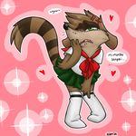  &lt;3 blush crossdressing cute green_eyes male mammal raccoon regular_show rigby skirt socks solo xiamtheferret 