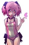  bare_shoulders breasts dappled_sunlight hair_ribbon kaname_madoka looking_at_viewer mahou_shoujo_madoka_magica open_mouth pink_eyes pink_hair ribbon sho-n-d short_hair short_twintails simple_background small_breasts solo sunlight twintails white_background 