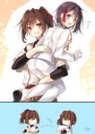  3girls artist_name black_hair brown_eyes brown_hair carrying_over_shoulder commentary_request flying_sweatdrops grin hug hyuuga_(kantai_collection) ise_(kantai_collection) japanese_clothes kantai_collection little_girl_admiral_(kantai_collection) looking_at_viewer military military_uniform multiple_girls naval_uniform open_mouth polka_dot polka_dot_background ponytail purple_eyes short_hair signature sketch smile toosaka_asagi translated uniform 