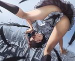  ass bad_id bad_pixiv_id bird_wings black_wings building camera city cityscape feathers flying geeto_gaadian hat jpeg_artifacts looking_at_viewer no_panties one_eye_closed red_eyes shameimaru_aya shirt short_sleeves skirt skyscraper solo tokin_hat tongue tongue_out touhou upskirt wings 