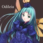  aqua_hair atelier_(series) atelier_ayesha blue_dress bow brown_background character_name corset dress green_eyes hat highres long_hair nanjyolno odelia_(atelier) ribbon smile solo winding_key wings 