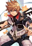  1boy armor blonde_hair collared_shirt flower hungry_clicker jacket keyblade kingdom_hearts kingdom_hearts_birth_by_sleep looking_at_viewer shirt short_hair short_sleeves simple_background solo spiked_hair strap teeth ventus_(kingdom_hearts) weapon white_background wrist_cuffs 