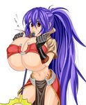 1girl between_breasts breast_squeeze breasts female gigantic_breasts gloves long_hair mage_(ragnarok_online) midriff navel ponytail purple_hair ragnarok_online) red_eyes sexually_suggestive shiny shiny_skin shun_(syun0501) staff tattoo thighs underboob very_long_hair 