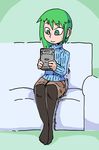  alternate_costume cartoonized casual commentary couch fashion game_boy green_eyes green_hair handheld_game_console headwear_removed pantyhose setz shiki_eiki smile solo sweater touhou 