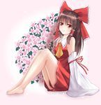  ascot bad_id bad_pixiv_id bare_legs bare_shoulders barefoot bow brown_hair detached_sleeves dress flower hair_bow hair_tubes hakurei_reimu highres long_sleeves red_dress red_eyes sitting sleeves_past_wrists smile solo touhou wendell wide_sleeves 
