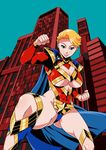  blue_eyes breasts cape eighth_wonder fighting_stance gishi haruka_athena highres huge_breasts leotard mature red_leotard short_hair superhero uchi_no_musume_ni_te_wo_dasuna! 