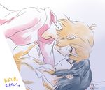  2girls artist_request bed black_hair blonde_hair couple female girl_on_top gold_eyes happy kohinata_miku lying multiple_girls pajamas pixiv_manga_sample sasa_(juumangoku_mochi) senki_zesshou_symphogear short_hair smile tachibana_hibiki_(symphogear) yellow_eyes yuri 