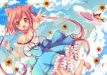  animal_ears bare_shoulders barefoot breasts cat_ears cat_tail cleavage cloud day dress fang flower hat hat_removed headwear_removed long_hair medium_breasts nemuri_nemu original pink_hair sky smile solo tail twintails yellow_eyes 