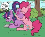  2014 book bush butt equine exedrus eyes_closed female feral friendship_is_magic fur grass hair horn horse hug lying mammal multi-colored_hair my_little_pony on_front open_mouth pink_fur pink_hair pinkie_pie_(mlp) pony purple_eyes purple_fur purple_hair reading sitting smile tree twilight_sparkle_(mlp) unicorn 