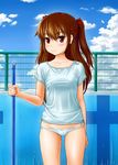  arena_(company) breasts broom brown_hair cloud covered_nipples day empty_pool log long_hair lowleg lowleg_panties medium_breasts original panties red_eyes shirt solo standing t-shirt tk4 two_side_up underwear 