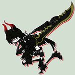  black_gold_saw black_hair black_rock_shooter breasts cleavage cropped_jacket grey_background grim-evilnov highres horns huge_weapon king_saw long_hair midriff navel open_fly outline red_eyes shorts signature simple_background skeletal_arm solo sword unzipped weapon 