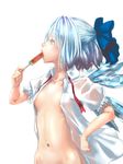 blue_eyes blue_hair bow breasts cirno collarbone covered_nipples fang food hair_bow ice ice_wings jubakurei naked_shirt navel open_clothes open_shirt popsicle puffy_short_sleeves puffy_sleeves see-through shirt shochuumimai short_sleeves small_breasts solo sweat touhou watermelon_bar wings 