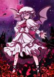  bat bat_wings flower hand_on_hip hat highres looking_at_viewer moon night night_sky nikka_(cryptomeria) outstretched_hand petals purple_hair red_eyes red_moon remilia_scarlet rose sky smile solo standing star_(sky) starry_sky thorns touhou wings 
