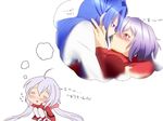  2girls artist_request blue_eyes blue_hair blush female hiiragi_natsume imagination imagining incipient_kiss kazanari_tsubasa lying multiple_girls purple_eyes purple_hair senki_zesshou_symphogear translation_request twintails yukine_chris yuri 