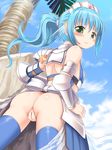  1girl anus aqua_hair armor ass blue_legwear blush breasts character_request cloud emurin female green_eyes hair_ornament headdress long_hair looking_back nipples no_panties palm_tree ponytail pussy sky small_breasts solo source_request thighhighs tree uncensored 