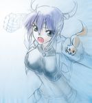  1girl artist_request blue_hair breasts ferret headband jacket large_breasts lyrical_nanoha mahou_senki_lyrical_nanoha_force mahou_shoujo_lyrical_nanoha mahou_shoujo_lyrical_nanoha_strikers open_clothes open_jacket short_hair subaru_nakajima yuuno_scrya 