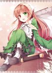 aibumi bad_id bad_pixiv_id bonnet brown_hair commentary_request dress frilled_dress frills green_dress heterochromia highres juliet_sleeves long_hair long_sleeves open_mouth pantyhose puffy_sleeves rozen_maiden sitting smile solo suiseiseki very_long_hair 