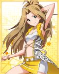  &gt;:) bracelet brown_hair green_eyes hairband idolmaster idolmaster_million_live! jewelry long_hair looking_at_viewer necklace nikaidou_chizuru official_art pointing pointing_at_viewer ponytail skirt smile v-shaped_eyebrows very_long_hair 