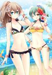  ;q bad_id bad_pixiv_id beach bikini blue_eyes brown_eyes brown_hair green_hair hiroichi kantai_collection kumano_(kantai_collection) long_hair multiple_girls one_eye_closed ponytail revision shaved_ice suzuya_(kantai_collection) swimsuit tongue tongue_out 